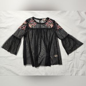 Size small Arizona black mesh blouse with embroidered flowers on the shoulders